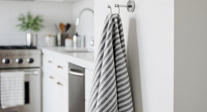 Modern kitchen interior with a striped towel hanging on a wall-mounted hook