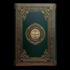 Ornate green leather-bound book with gold detailing.  Intricate Islamic-style patterns and calligraphy