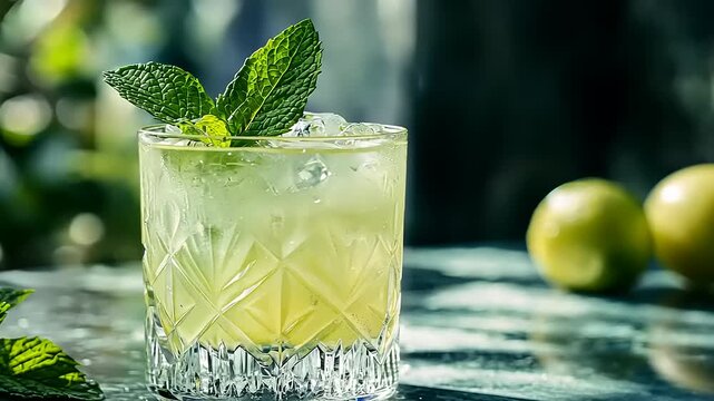 Refreshing mint cocktail with lime on a sunny table
