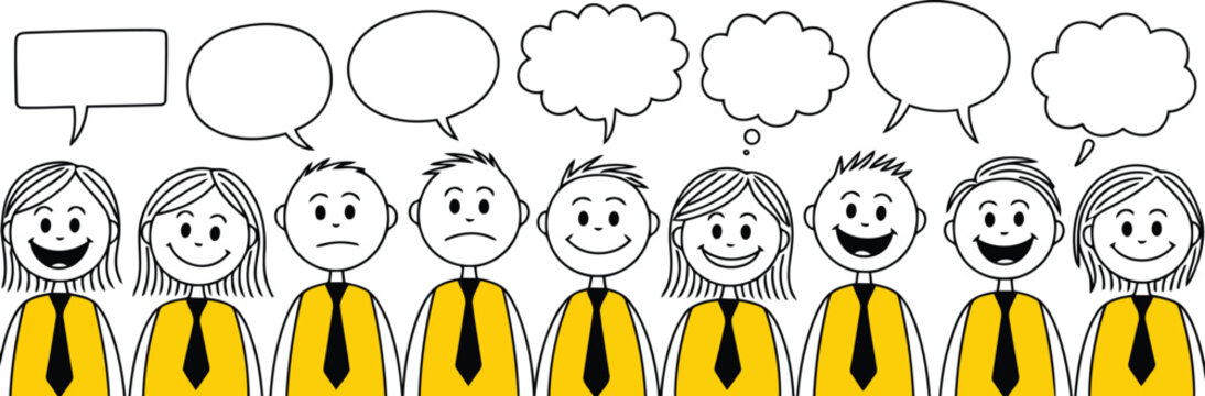 A diverse line of stick figures displaying various emotions with blank communication bubbles above
