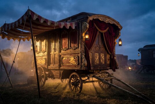 Vintage circus wagon with red curtains and lanterns standing in mysterious foggy field at twilight under cloudy sky