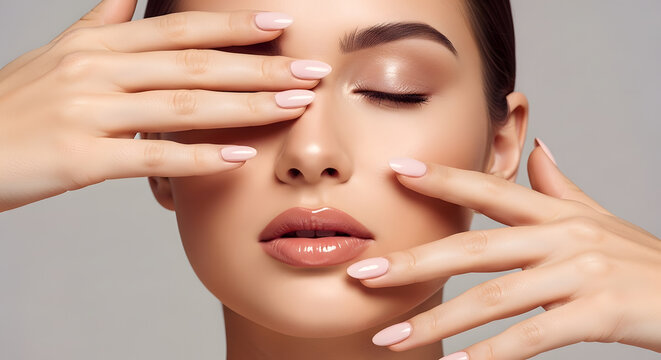 Close-up beauty portrait of woman with flawless skin and pink nails | Professional studio shot for skincare and natural makeup look advertising | Elegant nude almond manicure on woman covering her eye
