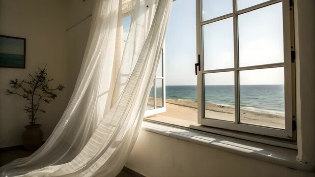 An empty luxury room features a wooden floor and large glass windows offering a breathtaking view of the sea