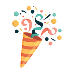 Colorful Party Popper with Confetti Explosion. Festive flat vector illustration of a striped celebration cracker bursting with bright streamers and dots, isolated on a white background for holiday