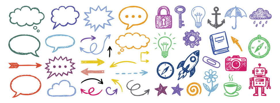 Mixed colorful doodle elements set. crayon hand drawn speech bubbles, arrows and technology icons. A vector illustration collection for modern website design and whiteboard video graphics.