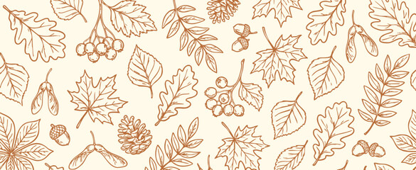 Autumn falling leaves vector collection of hand drawn oak, maple and birch branches with acorns and pinecones. A seamless line art pattern for seasonal fabric print and warm gift wrap design.
