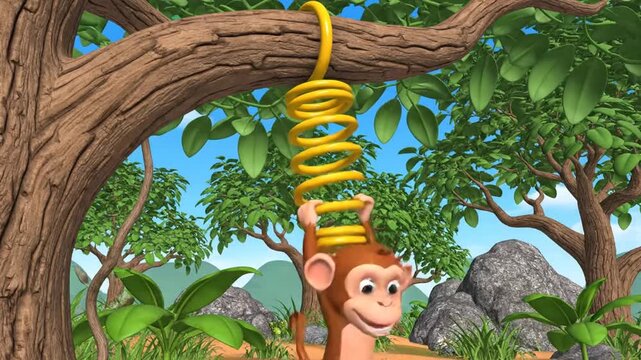 Happy cartoon monkey playing with yellow spring in jungle tree
