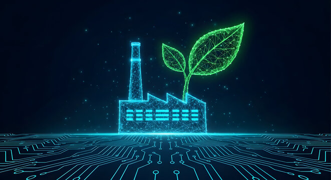 Green technology factory digitalization | Sustainable manufacturing future with circuit board | Eco-friendly industry digital transformation concept | ESG data in smart industrial production