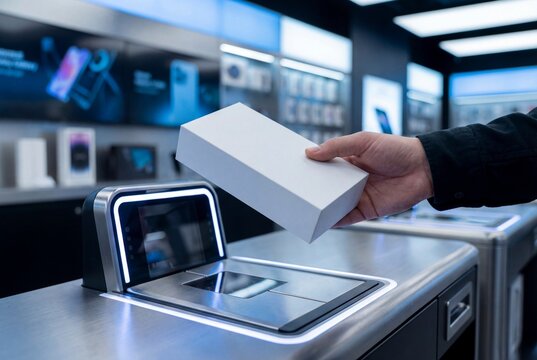 Person buying a new electronic device at a modern technology store checkout.