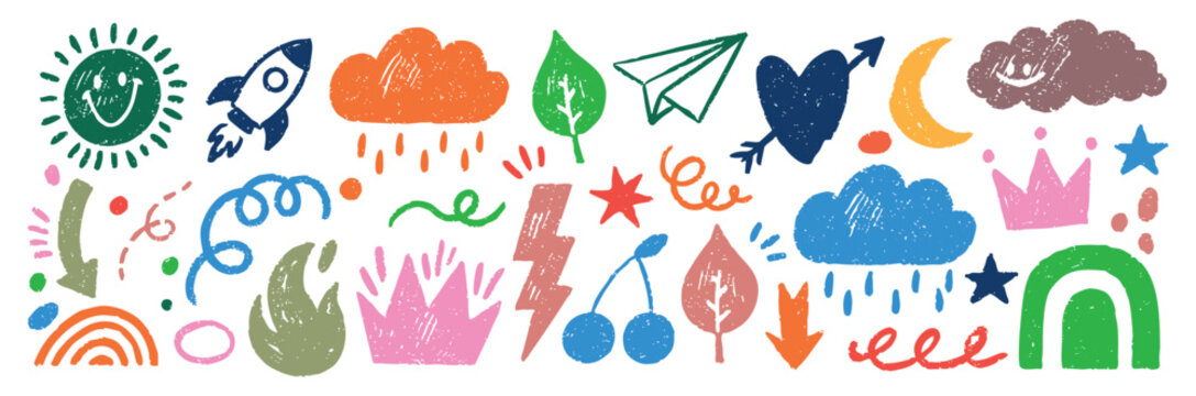 Colorful mixed doodles featuring hand-drawn sun, rocket, clouds and hearts in a crayon sketch style. A fun vector illustration collection for kids scrapbooking, stickers and playful designs.