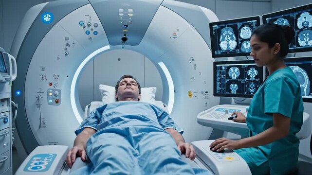 High-tech hospital scan. Patient rests inside a large CT machine as a female doctor reviews brain scans on multiple monitors for medical advertising.