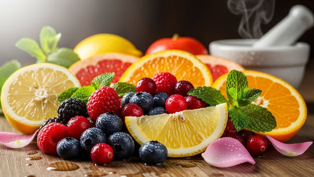 Viintimate apparelnt citrus fruits and berries arrangement with mint leaves and delicate pink petals, showcasing a delightful culinary composition.