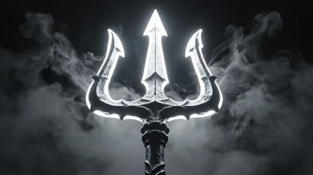 Glowing trident emerging from ethereal smoke on dark background