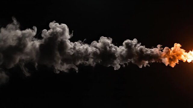 Bright fiery engine exhaust with smoke trail on black background