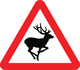 Wild Animal Deer Jumping Warning UK Road Sign Triangle Traffic Design Safety Clipart Vector