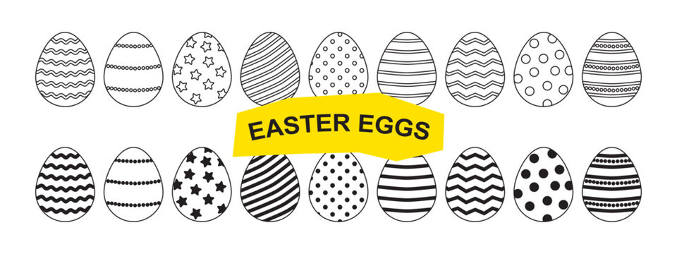 Easter egg doodle icon, chicken eggs outline drawn black set. Coloring holiday set linear and flat design isolated on white background. Easter simple symbol. Vector illustration