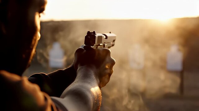 Intense outdoor handgun shooting at sunset with smoke.