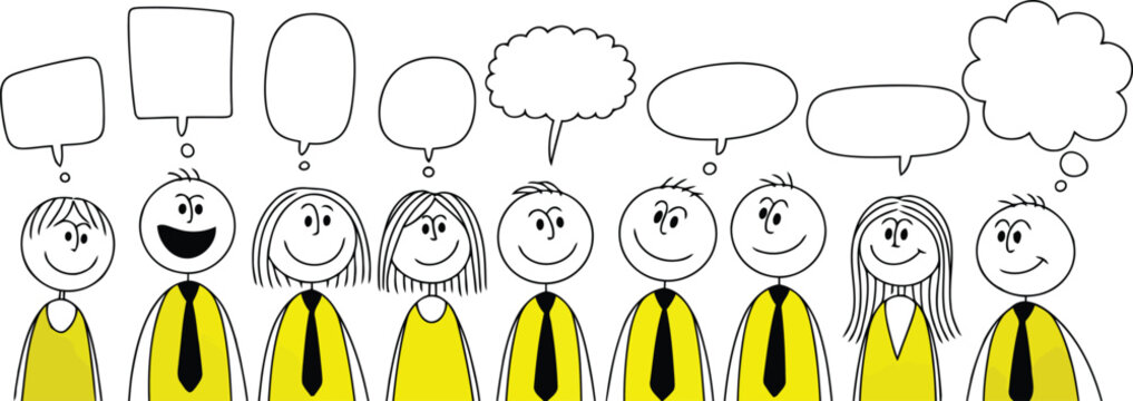 A row of diverse stick figure characters stands together with various empty speech bubbles above their heads