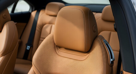 Luxury car interior details with tan perforated leather seats | Close-up of premium brown leather car headrest with contrast stitching | Modern sedan rear seat upholstery and automotive design feature