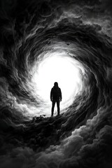 A figure stands at the edge of a swirling vortex of black smoke, with a stark white background.