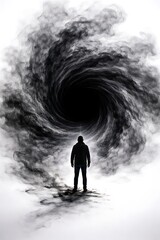 A figure stands at the edge of a swirling vortex of black smoke, with a stark white background.