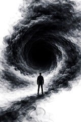 A figure stands at the edge of a swirling vortex of black smoke, with a stark white background.