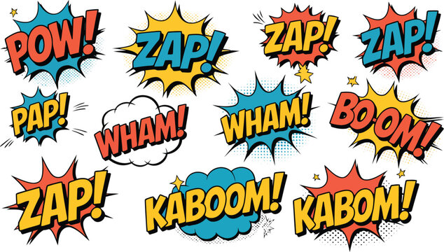 A set of twelve colorful comic style speech bubbles featuring various dynamic sound effects and exclamations