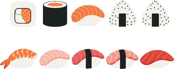 Sushi and Onigiri Set Vector Illustration – Japanese Food Collection © Minara