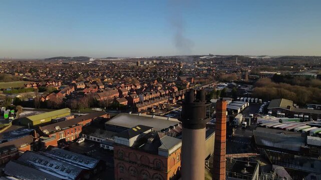 Industrial factory roofs and chimneys over Burton upon Trent