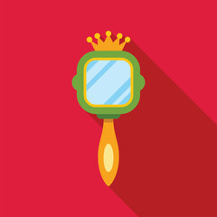 Obraz premium Flat green hand mirror with a golden crown for fairytale concepts