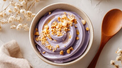 Taro Paste Dessert (芋泥甜品), smooth creamy taro paste with soft lavender color, elegantly piped into a minimalist ceramic bowl, topped with crushed nuts and a light drizzle of syrup, Chinese Dessert