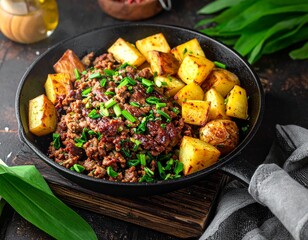 Hackfleischpfanne mit B&auml;rlauch und Kartoffeln