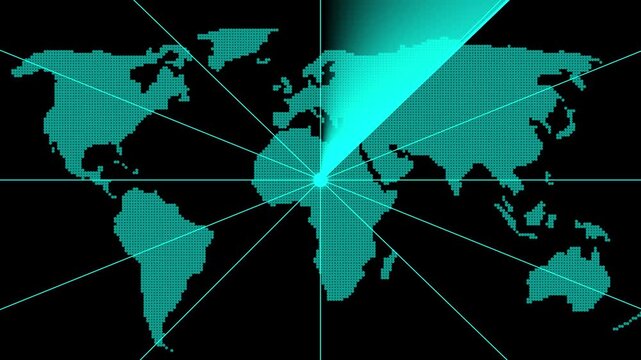 The Technology device with cyan color radar animation on black background. Radar screen animated. Radar Screen With World Map, futuristic user interface computer system.