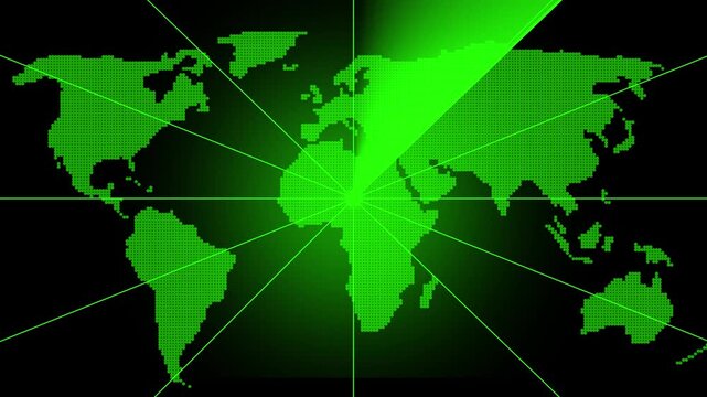 The Technology device with green color radar animation on black background. Radar screen animated. Radar Screen With World Map, futuristic user interface computer system.