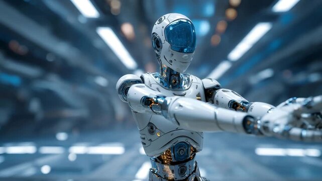 Robot cyborg android with visible circuits interacting in a high-tech clean room