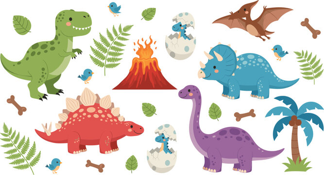 Cute Dinosaur Vector Set with T Rex Stegosaurus Triceratops Pterodactyl Volcano Eggs and Prehistoric Elements for Kids Education and Cartoon Jurassic Design
