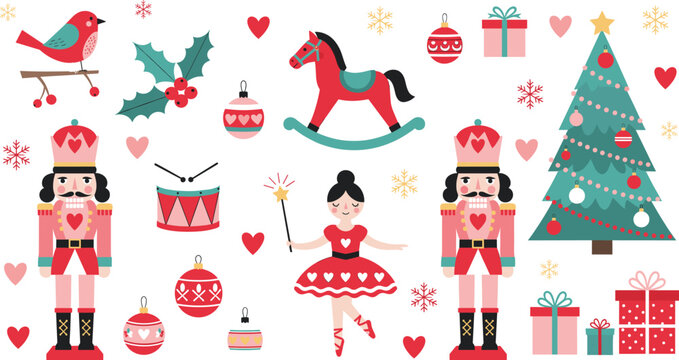 Christmas Nutcracker Ballet Vector Set with Dancer, Toy Soldier, Tree, Ornaments and Holiday Decorations for Festive Winter Design and Seasonal Illustrations