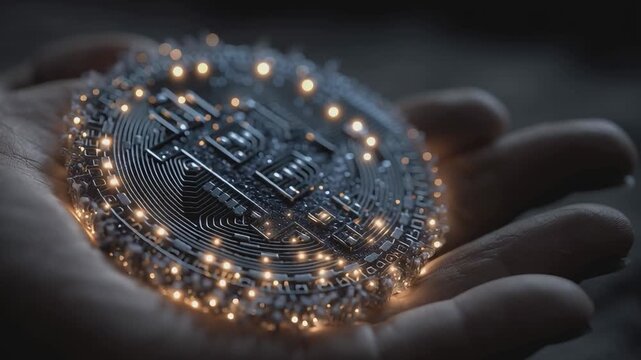 Digital Hand: Intricate details of a hand cradling a luminous bitcoin, symbolizing the futuristic embrace of digital currency. Highlighting the fusion of technology, finance, and human touch.