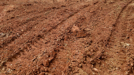 A close-up view of a rugged terrain with rough red soil and scattered small rocks, captured in a detailed photograph, similar to IMG_4390 scene.