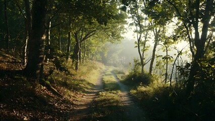 Obraz premium Sunlit Woodland Trail Winding Through Dense Green Trees