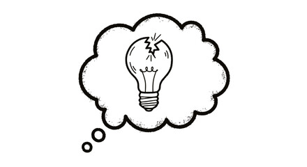 Broken lightbulb in a hand-drawn thought bubble illustration