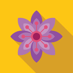 Purple flower with petals and detailed center on a yellow background, featuring a long shadow