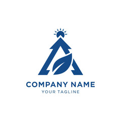 Blue Logo Design with Leaf and Sun.