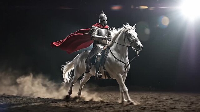 Medieval armored knight galloping at night. Atmospheric image of military fighter riding horse in courage. Generative AI