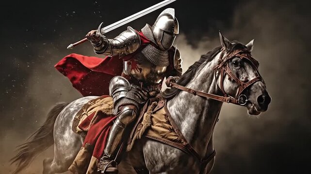 Medieval armored knight galloping in smoke of dust. Atmospheric epic image of attacking military fighter riding horse with raised sword in courage. Generative AI