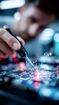 A technician repairs a microchip on a printed circuit board using a soldering iron