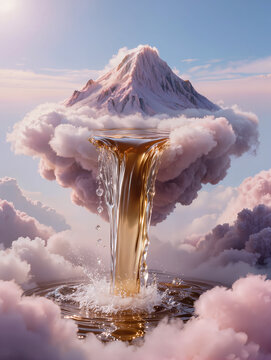 Surreal coffee waterfall flowing from floating cloud mountain for visionary brand campaign