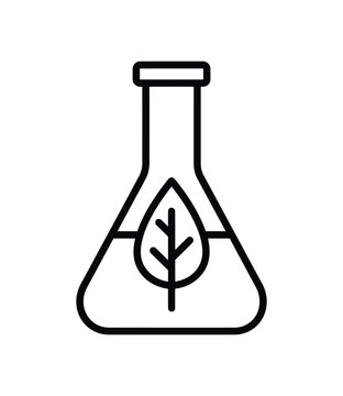 Simple line art icon of a laboratory flask containing a leaf symbol inside isolated on a transparent background