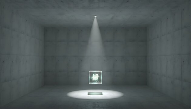 Futuristic Concrete Room with Spotlight and Glowing Cube  Artificial Intelligence Core Concept