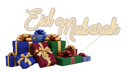 Eid Mubarak gifts with glowing typography isolated on transparent background